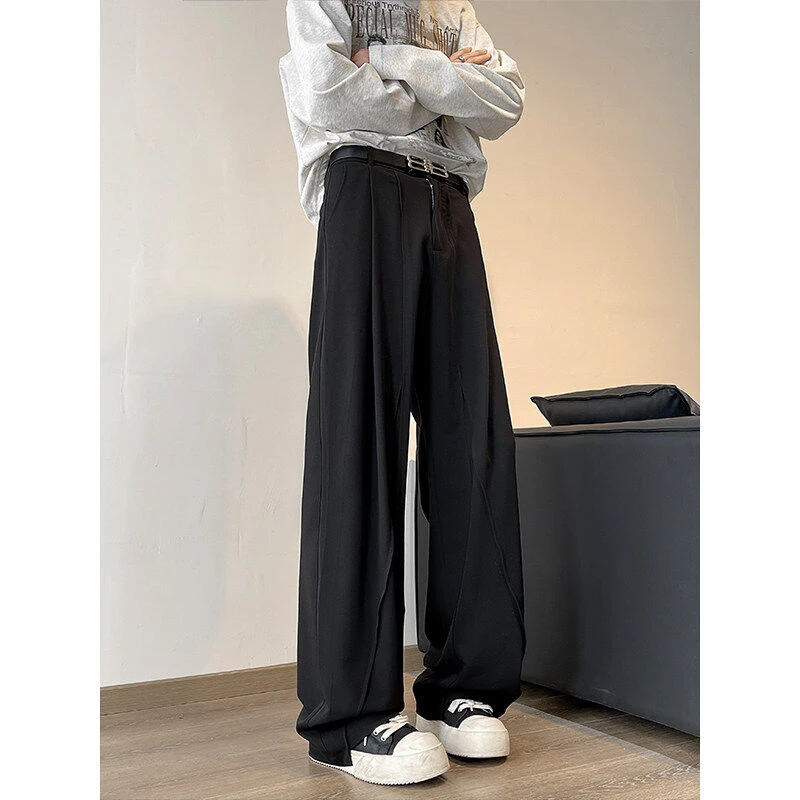 褶皱拼接垂感休闲西裤男生春季cleanfit潮流直筒运动阔腿长裤