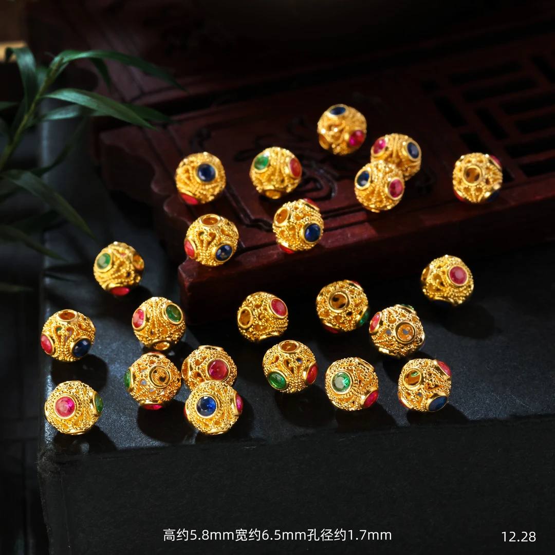 【金豆】18K金约6.5mm蜻蜓眼小彩球隔珠灯笼隔珠D