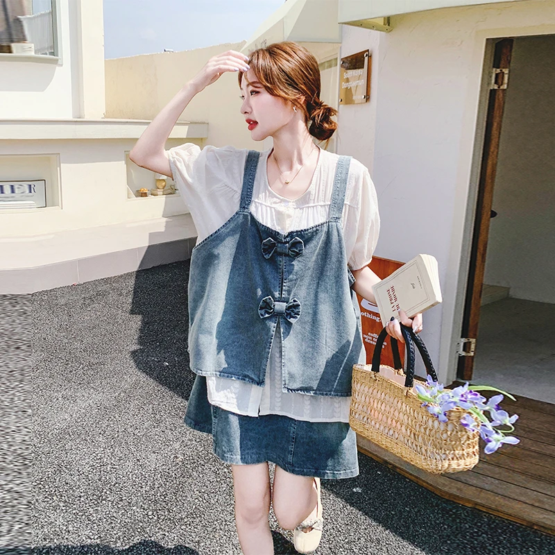 韩系减龄牛仔套装女夏季ootd穿搭设计感背带上衣衬衫短裤三件套