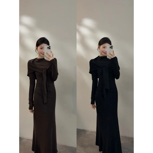 【颂宋】时尚半高领长袖秋季新款套装针织显瘦披肩两件套DT1581