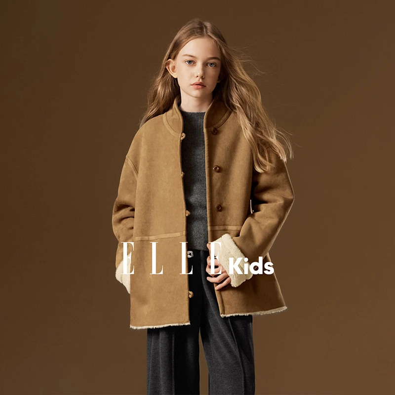 ELLE KIDS 美拉德仿皮草外套女儿童冬季新款皮毛一体立领大衣D3