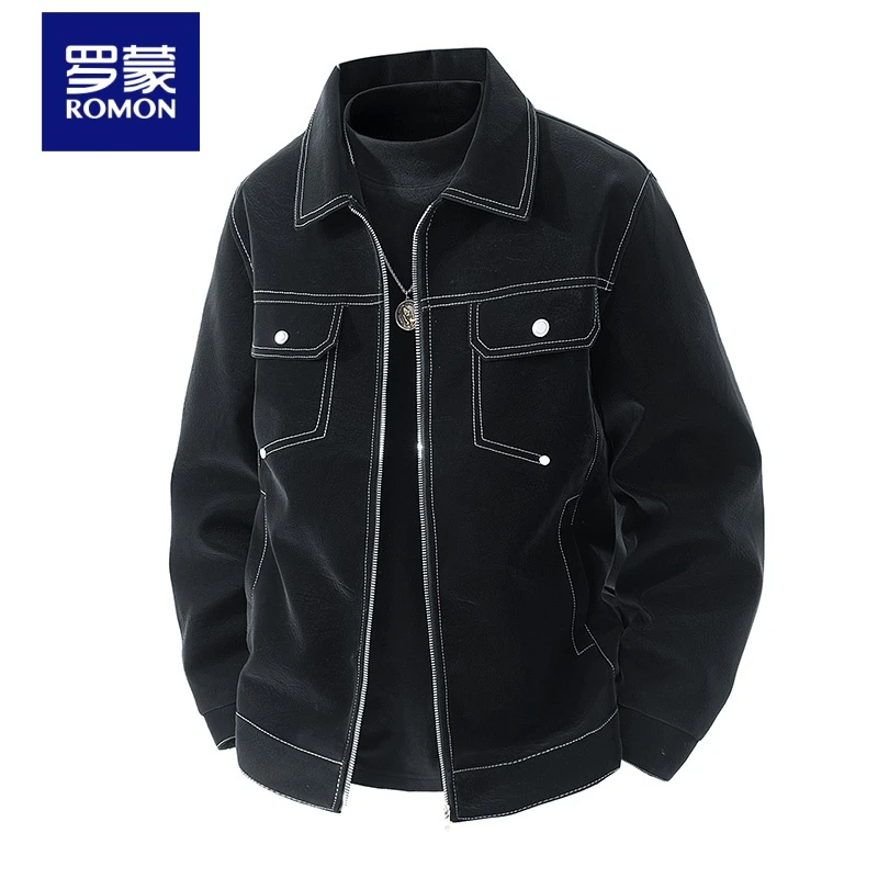 罗蒙秋冬季明线皮衣夹克外套潮流时尚休闲工装外套大码男装上衣