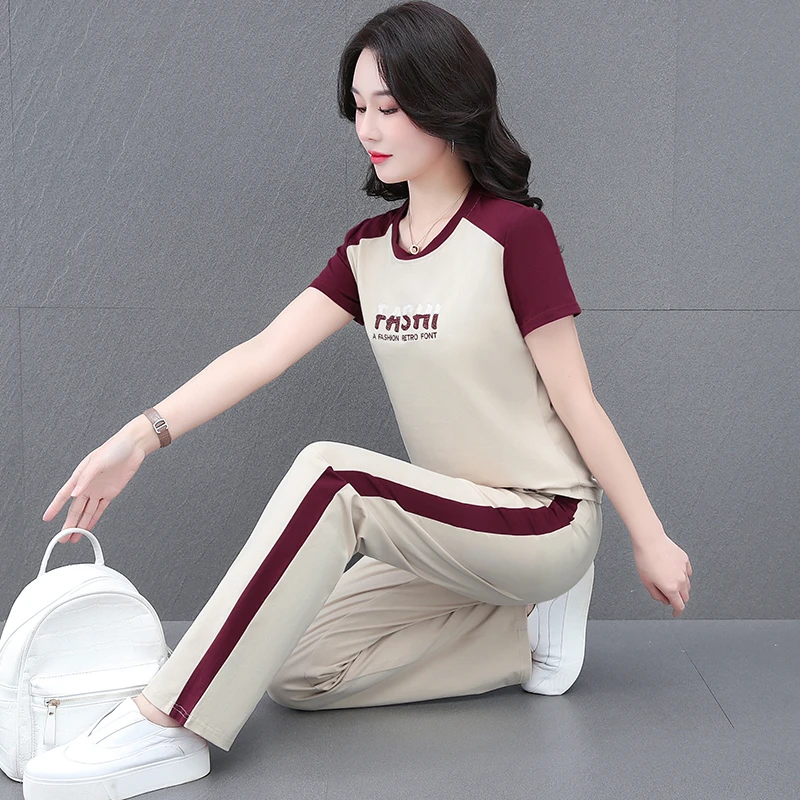 中年妈妈夏装休闲运动服套装中年女短袖时尚跑步T恤减龄两件套薄