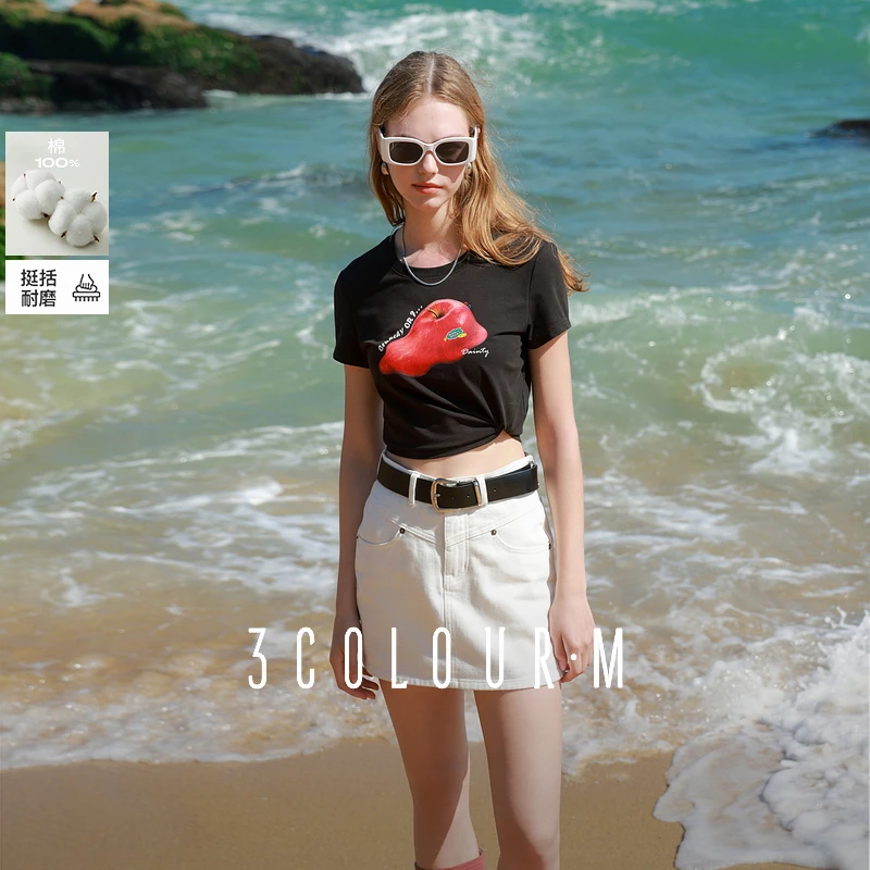 三彩2025夏季新款白色牛仔半身裙中腰A字裙短裙休闲复古女M
