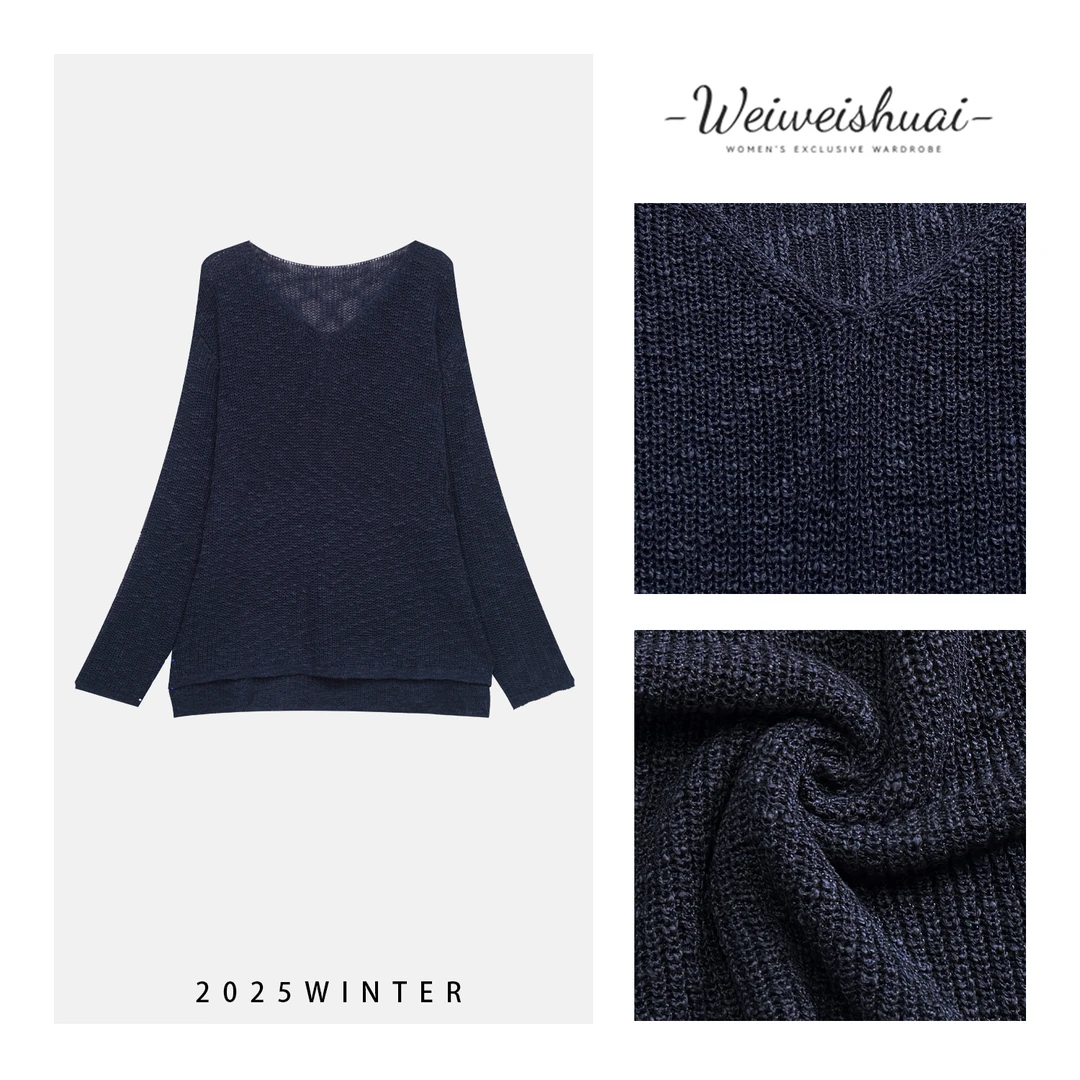 【广州薇姐】秋季纯色百搭女士V领套头长袖针织衫2155