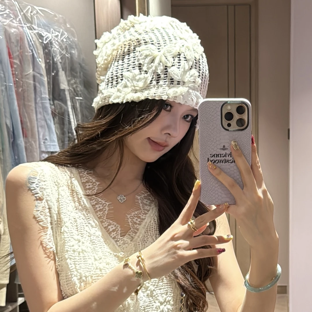 CHICHEN-针织编织帽 夏季显脸小时尚韩版白色夏季镂空网红帽