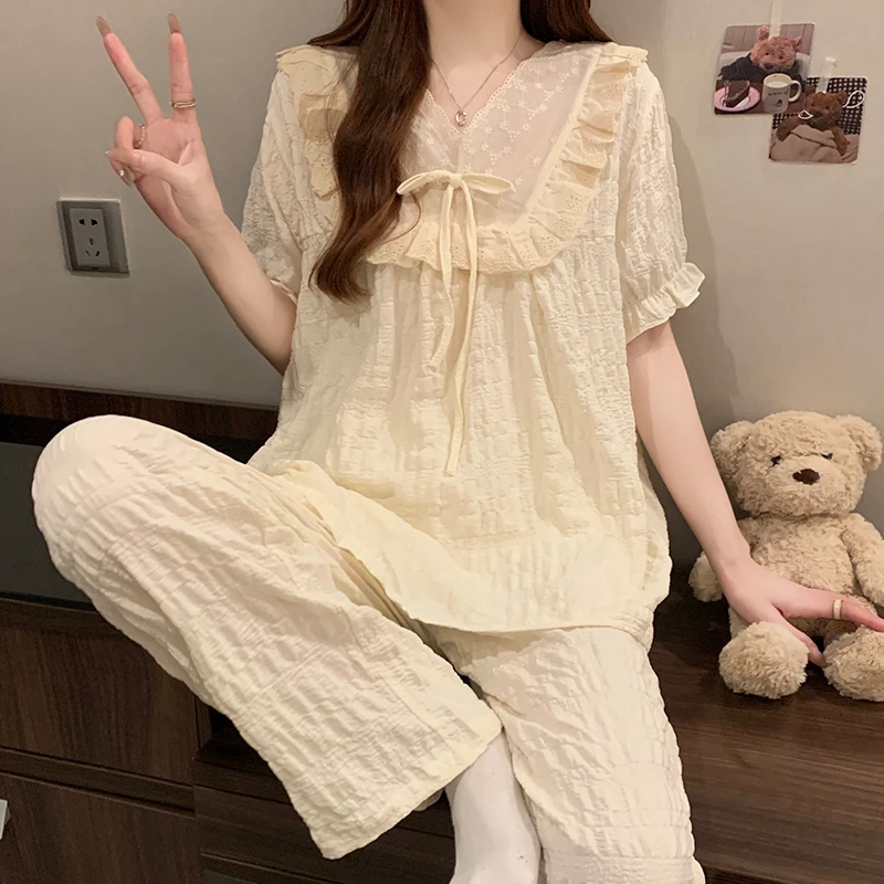 睡衣女夏季短袖长裤云朵棉春秋2025新款可爱少女感家居服套装米色