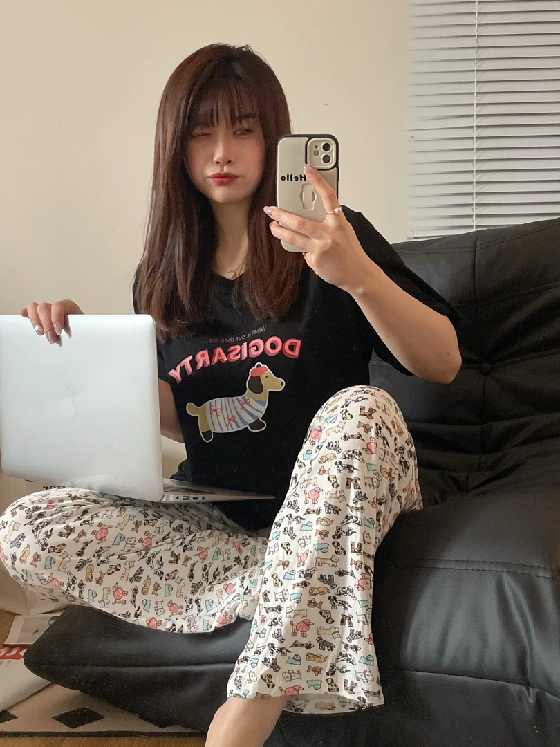 NS「糯糯亲肤」ins夏季印花休闲舒适宽松带bra睡衣家居服