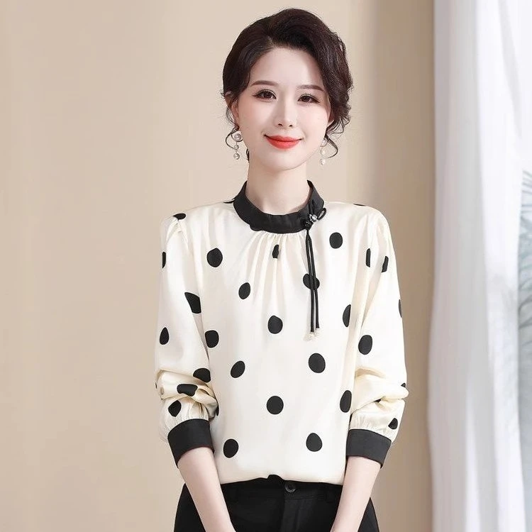 2625波点衬衫女长袖秋装新款时髦气质洋气显瘦套头锻面衬衣