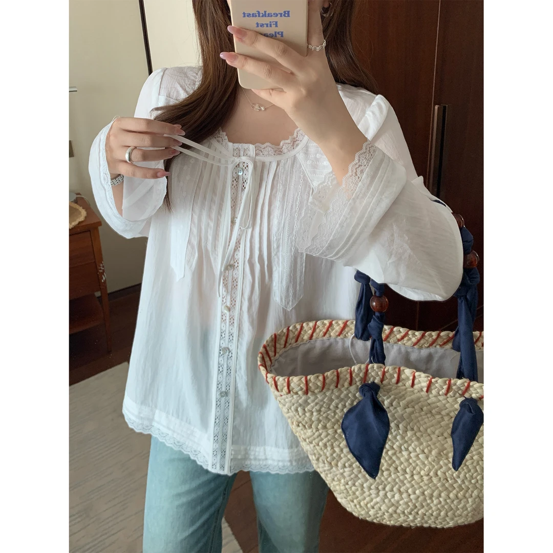 现货大婉酱微胖定制莱赛尔蕾丝拼接镂空衬衫法式高级感上衣 9159D