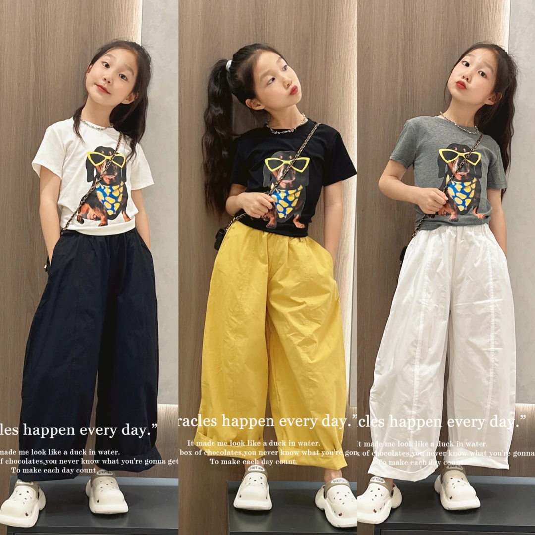 女童夏季2025新款中大童网红炸街半袖上衣阔腿裤两件套潮短袖T恤