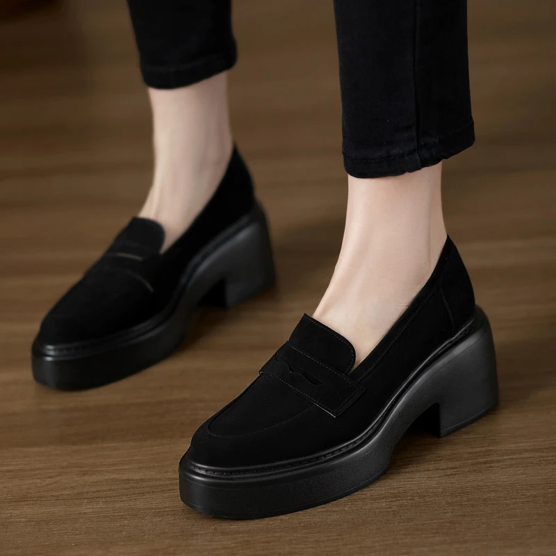 AACC女鞋 7.5cm不累脚厚底乐福鞋性感尖头羊猄皮防水台高跟鞋单鞋