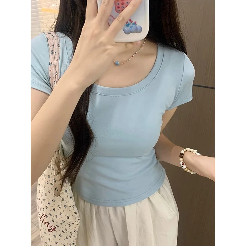短款大领口正肩女t恤短袖2025新款纯棉百搭紧身辣妹u领低圆领上衣
