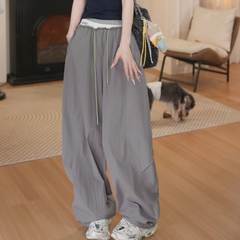 新款松紧腰拼色撞色休闲裤直筒宽松显瘦阔腿裤LK2504132