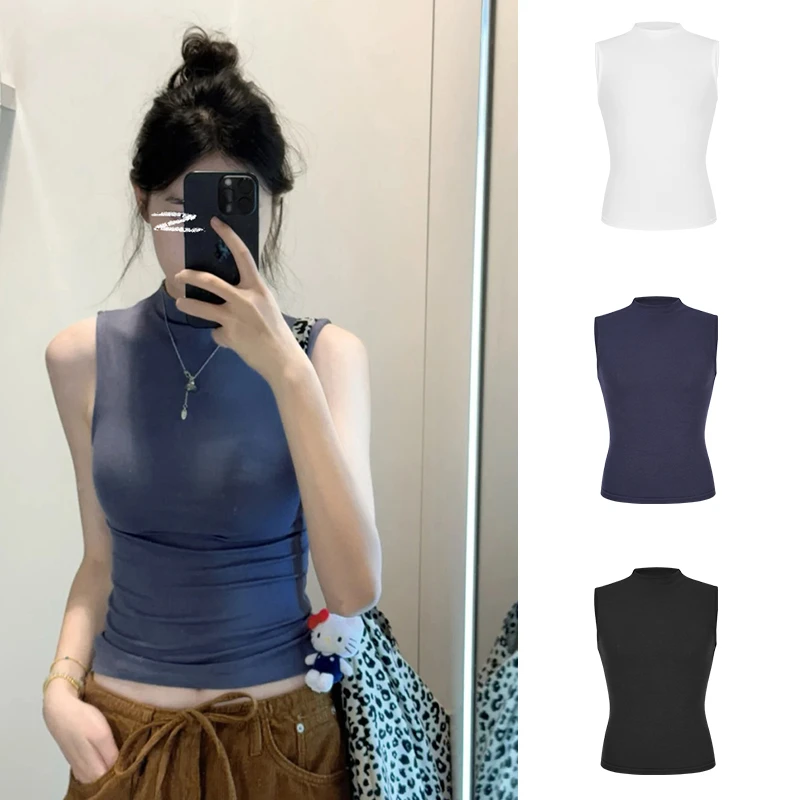 Moses Queen/魔西女王纯欲辣妹半高领背心女春夏外搭无袖紧身上衣