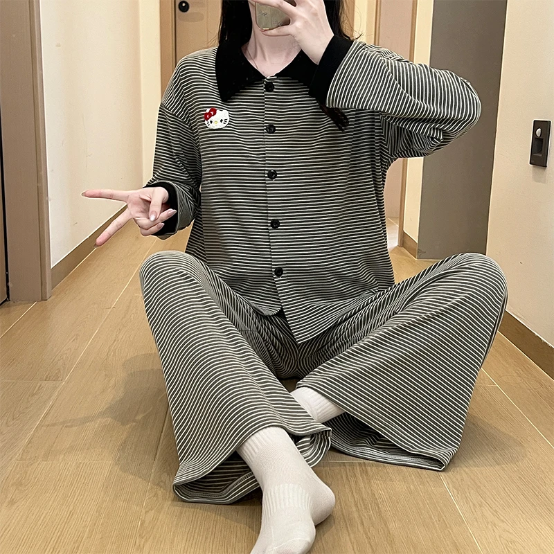 可爱卡通小猫秋冬季睡衣女款德绒条纹长袖休闲风可外穿家居服套装