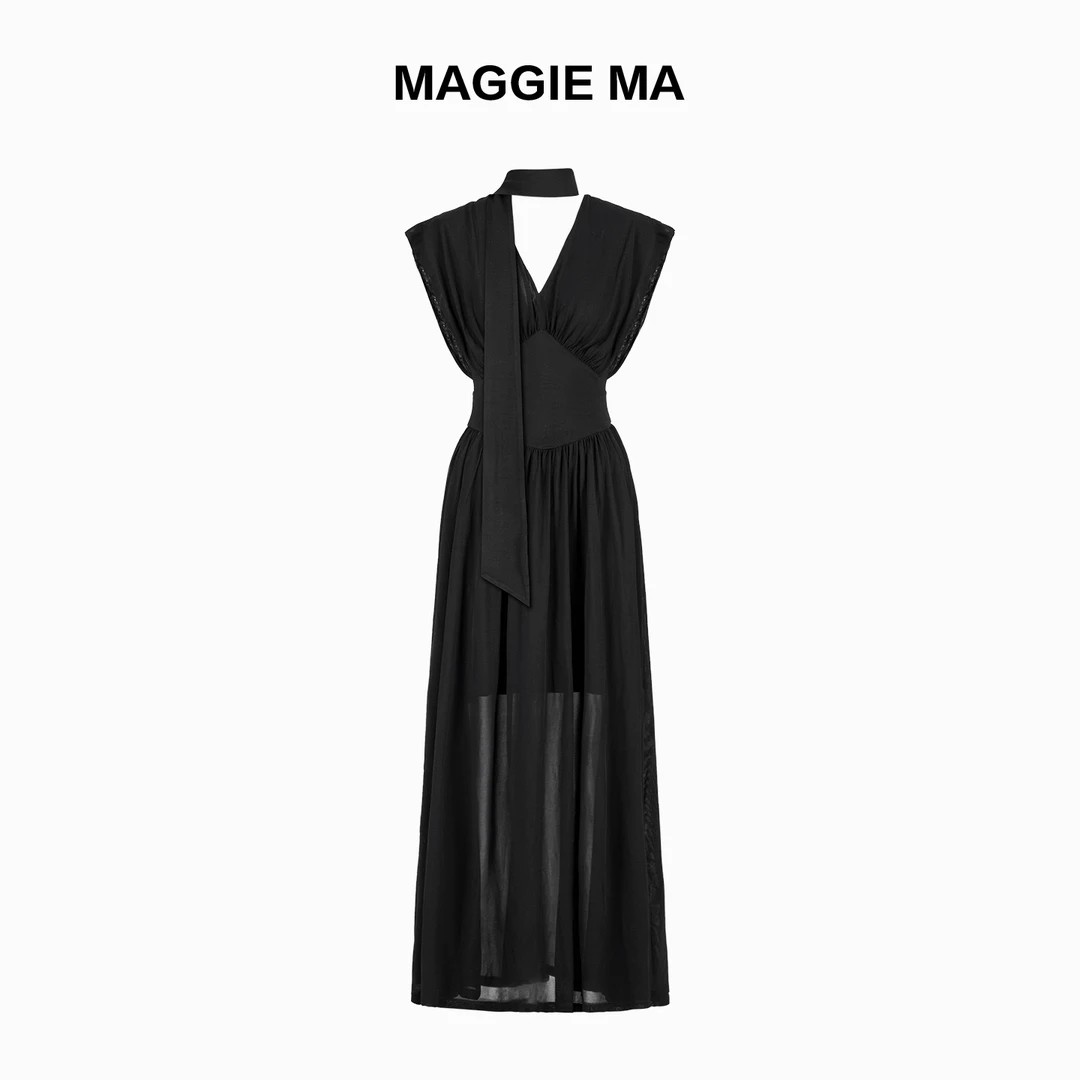 MAGGIEMA马婧设计师款法式优雅透视高腰显瘦连衣裙老师402D