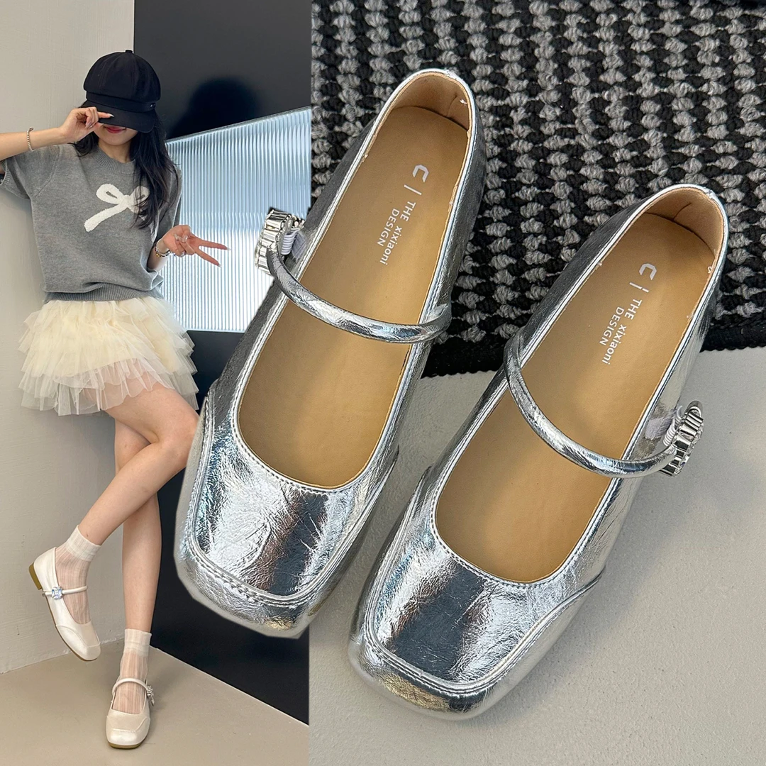 2025夏季新款法式韩版洋气银色玛丽珍鞋女法式复古浅口单鞋小皮鞋