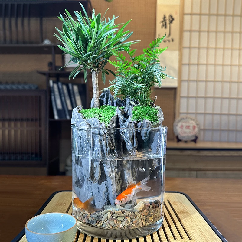 【山间流水】成品真绿植造景生态水陆鱼缸桌面办公室前台摆件微景观