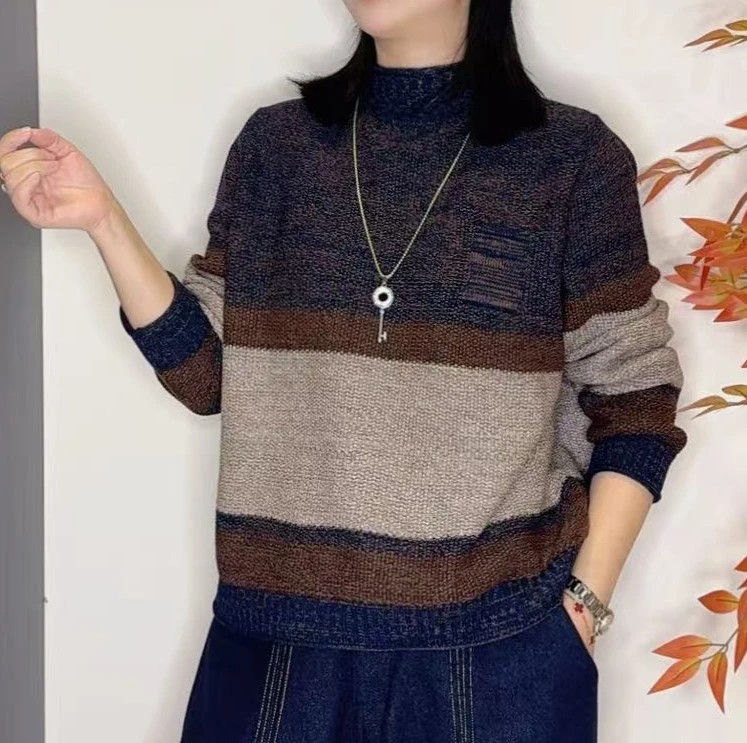 冬季新款加厚撞色半高领女宽松套头复古休闲棉纱上衣