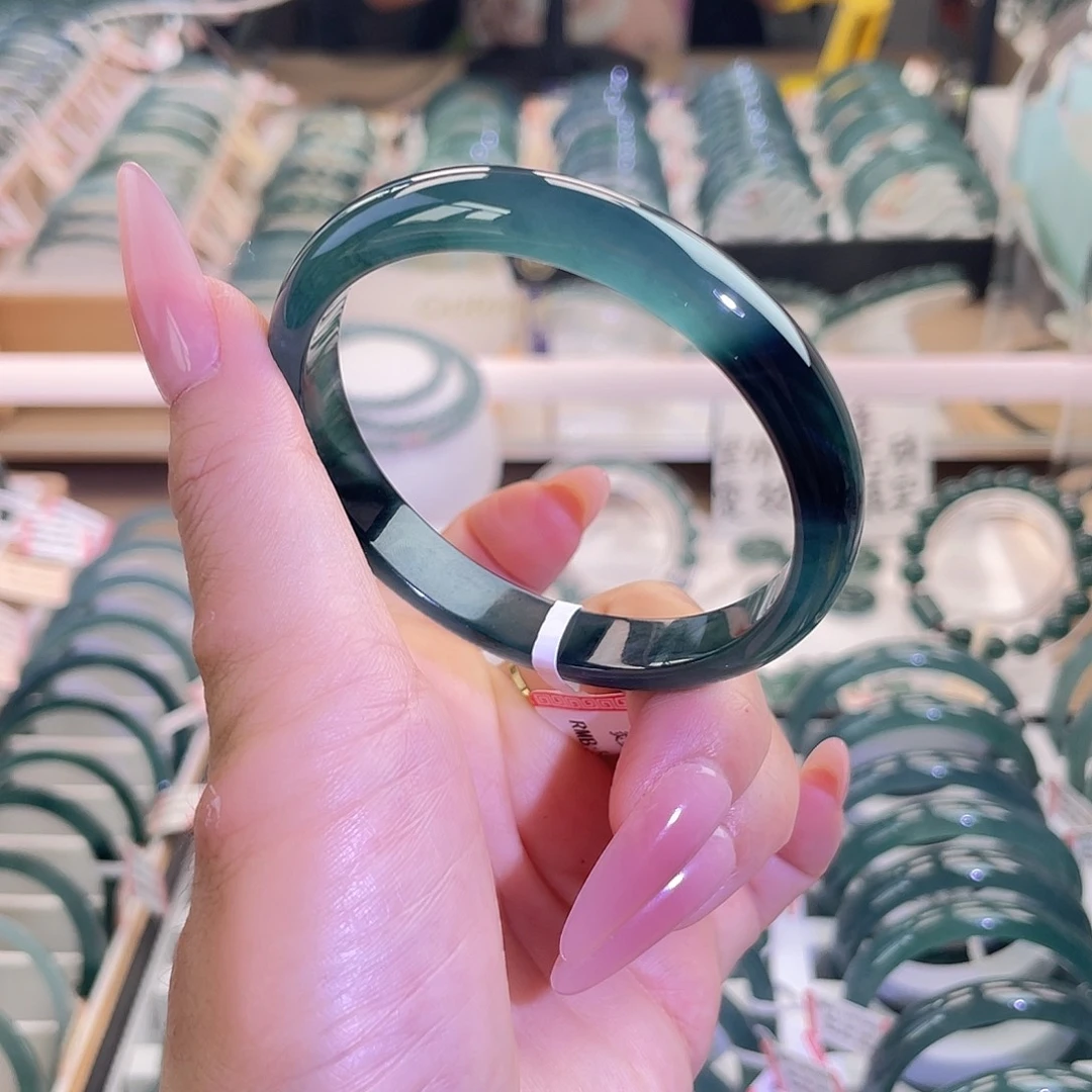 翡翠未镶嵌手镯正圈深色蓝水飘花55-56圈