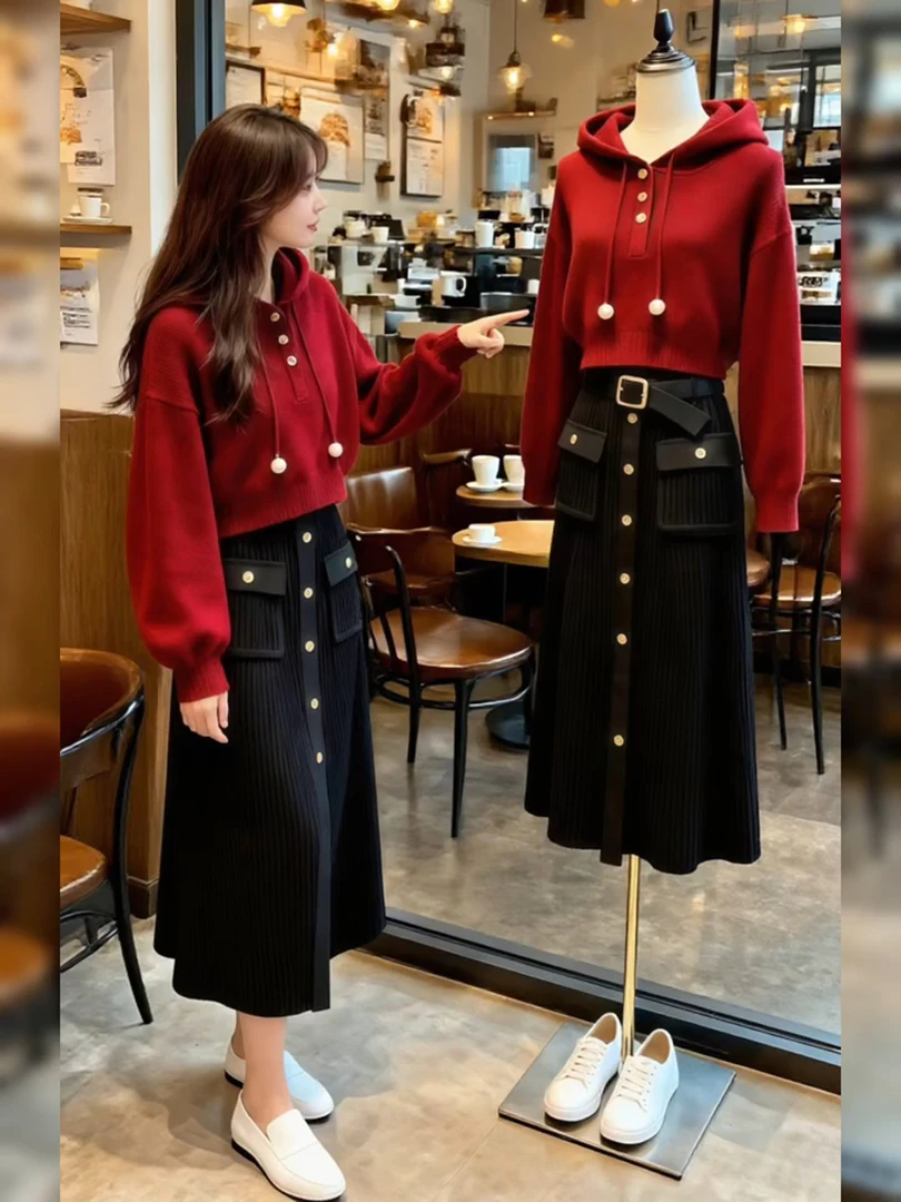 小众别致红色连帽抽绳纯色卫衣女款秋季黑色休闲百搭半身裙两件套