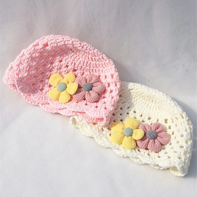 宝宝春秋花朵帽韩版可爱超萌胎帽婴儿公主帽0-1岁手工编织幼儿帽