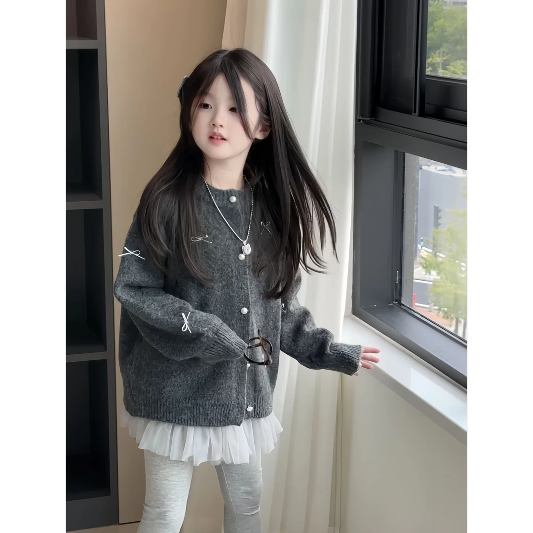 MUMUWU女童小香风开衫毛衣春秋装洋气中大童蝴蝶结针织百搭外套