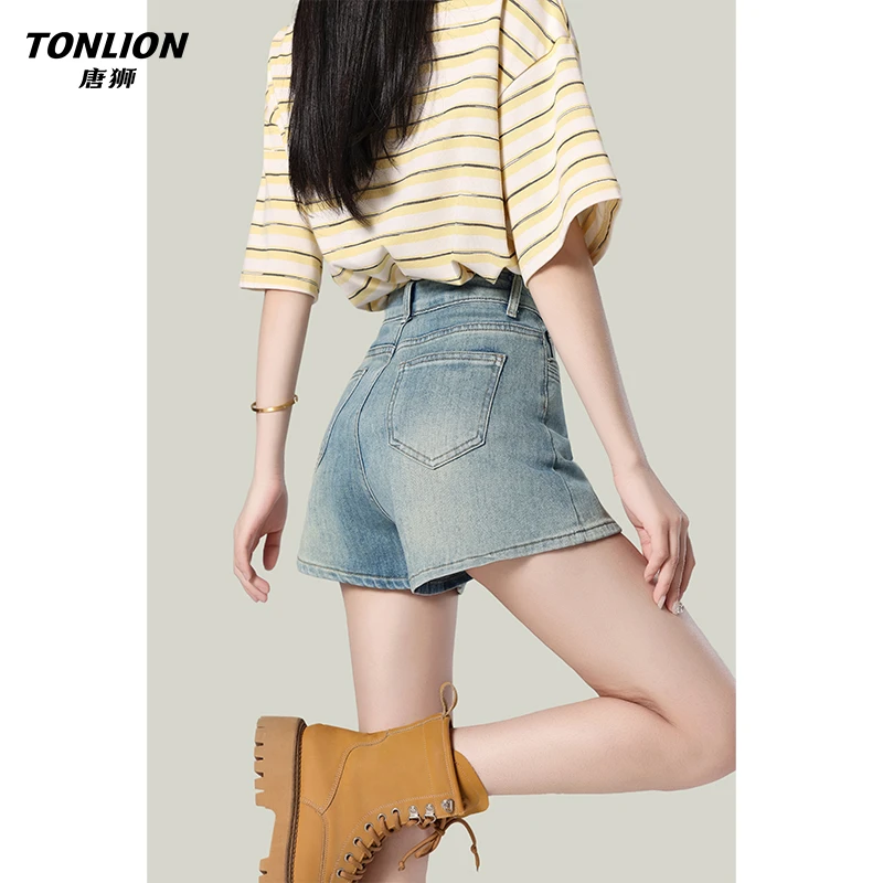 唐狮夏日美式复古浅蓝阔腿牛仔短裤女小个子高腰A字显瘦包臀热裤