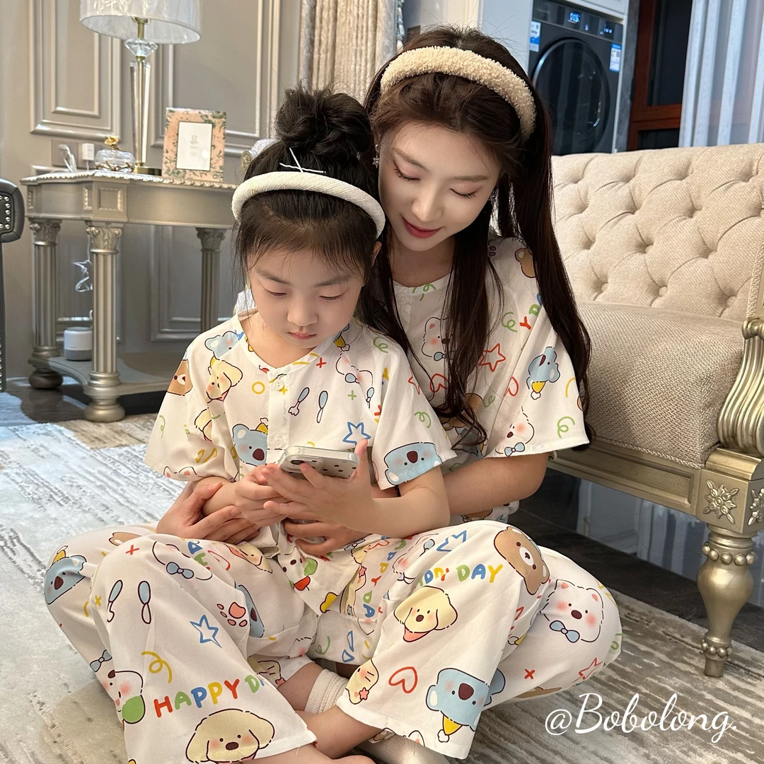 【莱赛尔棉绸】夏季薄款亲子棉绸睡衣短袖家居服女童大中薄款男童