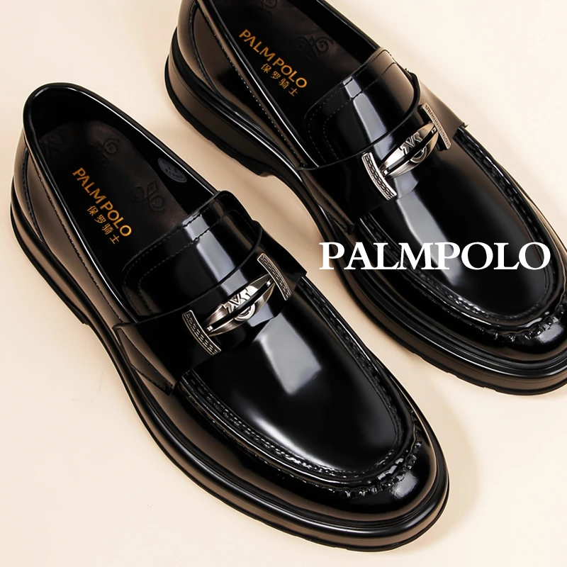 保罗骑士男鞋真皮黑色休闲鞋厚底乐福鞋百搭透气一脚蹬商务皮鞋男