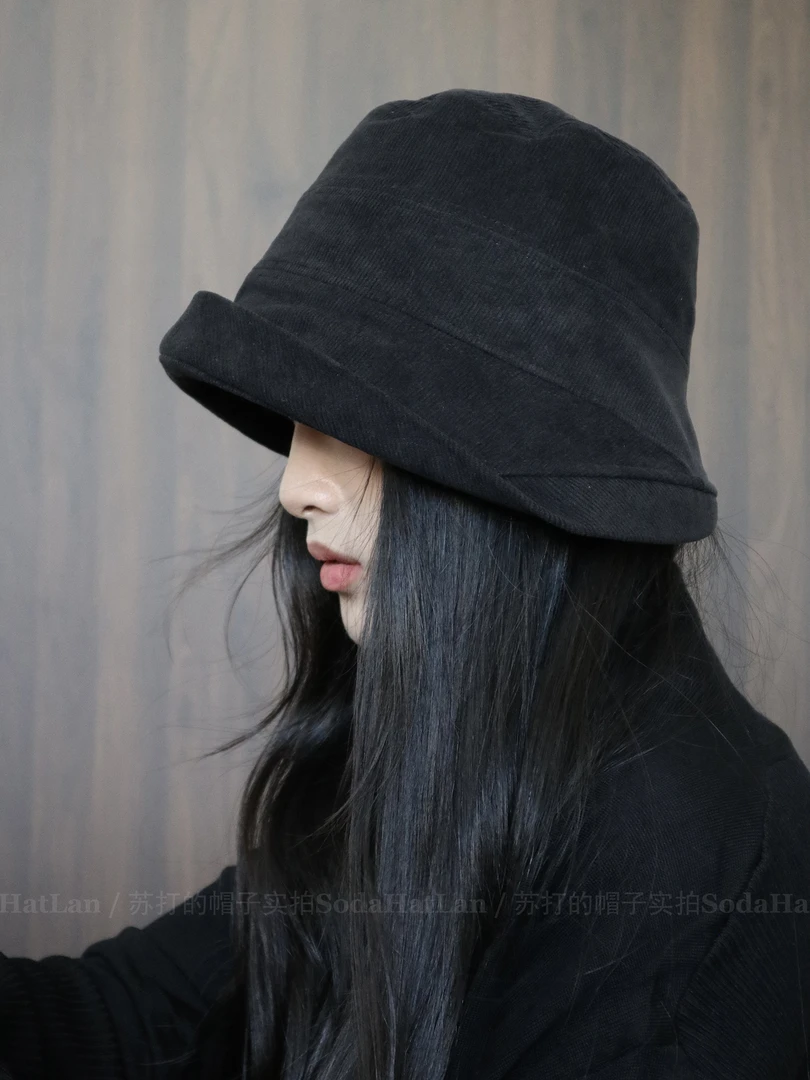 黑武士风 细灯芯绒渔夫帽女秋冬大头围显脸小的素颜遮脸帽灯罩帽