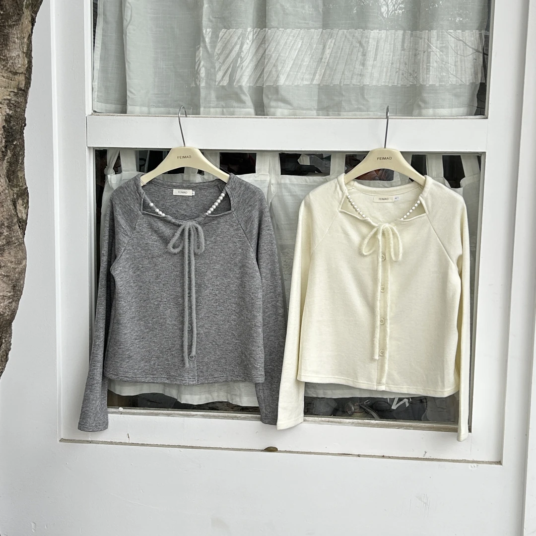 赵小小【温柔搭子】10305 纯欲风方领打底衫韩式蝴蝶结叠穿性感上衣