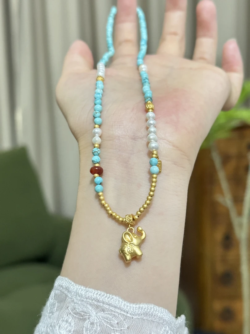 小飞象淡水珍珠绿松原创设计款项链经典百搭款