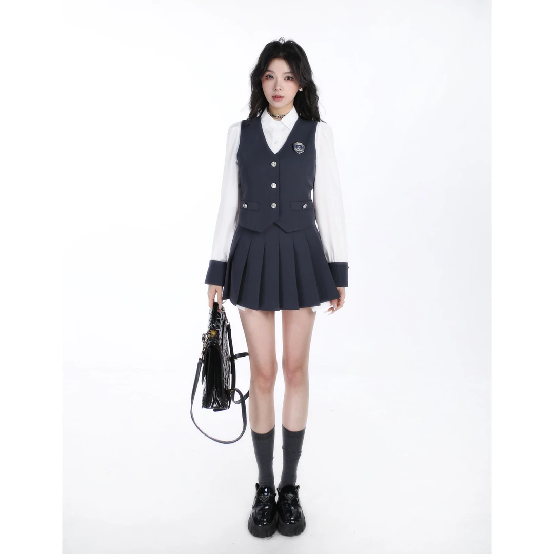 清!【白茶如梦】小众设计真两件学院风正肩拼色系收腰显瘦女套装