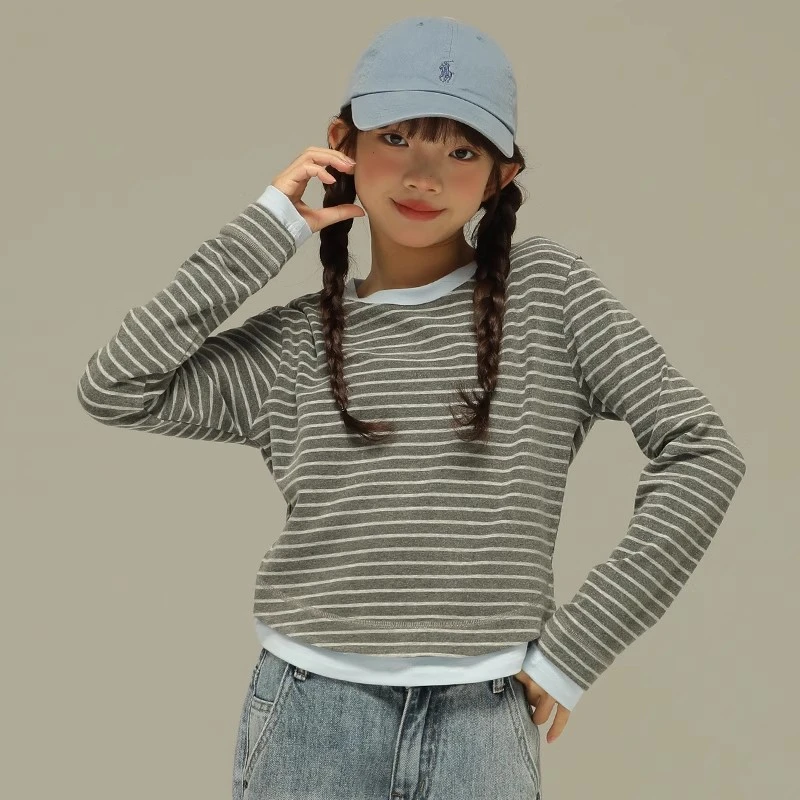 小女森女童春秋长袖T恤圆领条纹打底衫儿童宽松假两件休闲上衣女