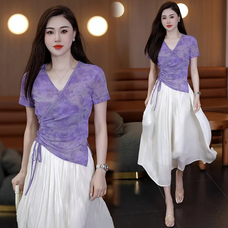 时尚气质不规则扎染v领短袖t恤女2026年夏季新款修身显瘦抽绳上衣