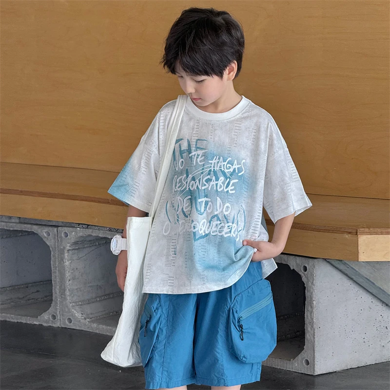 男童夏装套装2025新款大童男孩洋气时髦炸街短袖儿童中袖夏季薄款