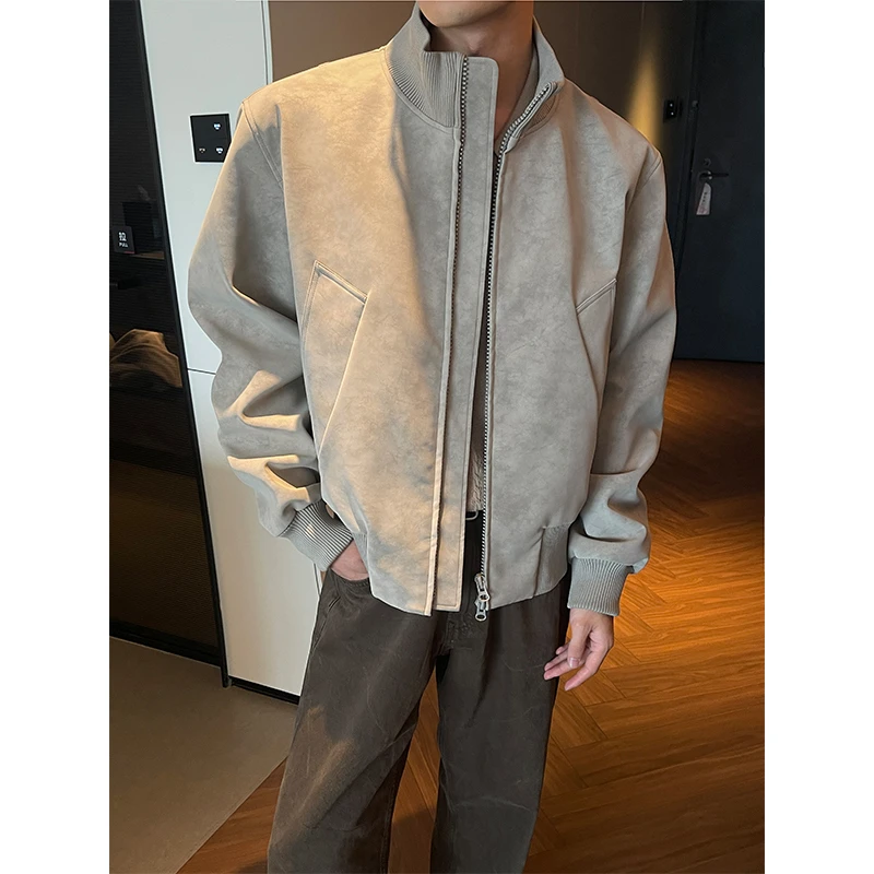 美式立领扎染PU皮衣外套男秋季短款棒球服高级感cleanfit飞行夹克