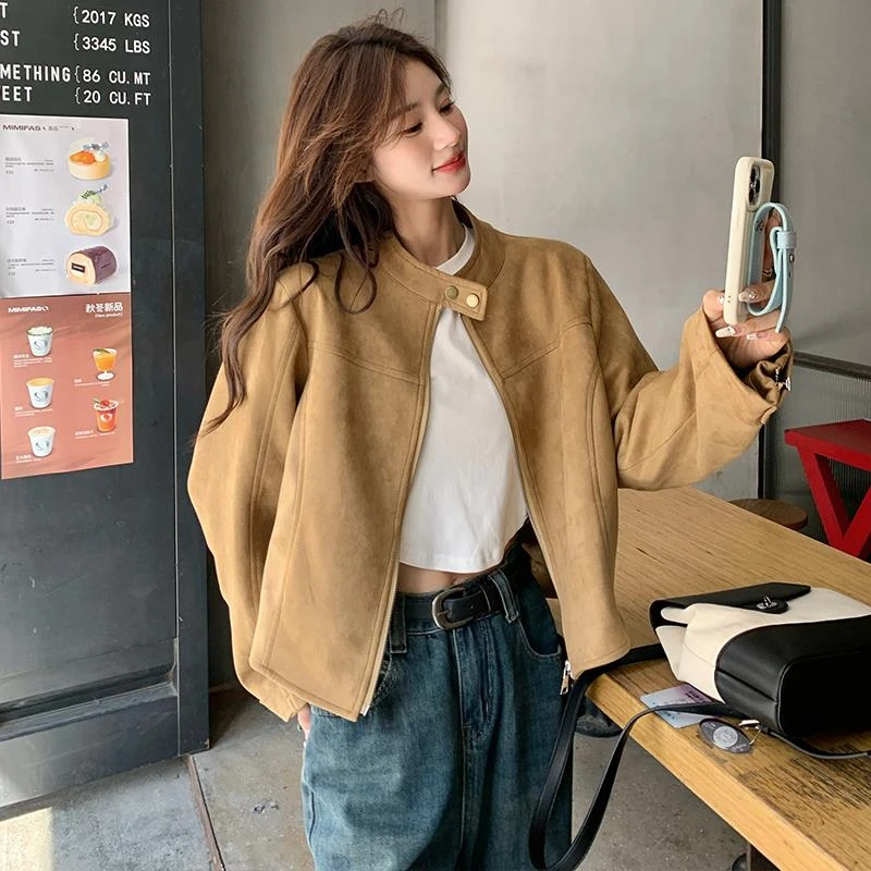 她他百伦卡其色麂皮绒夹克女短款2025春季新款韩版复古休闲时尚设
