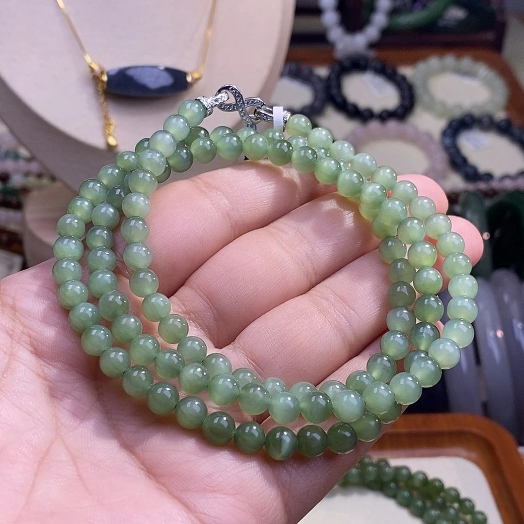 颈饰未镶嵌和田玉碧玉老矿料冰底猫眼粉青珠链6m