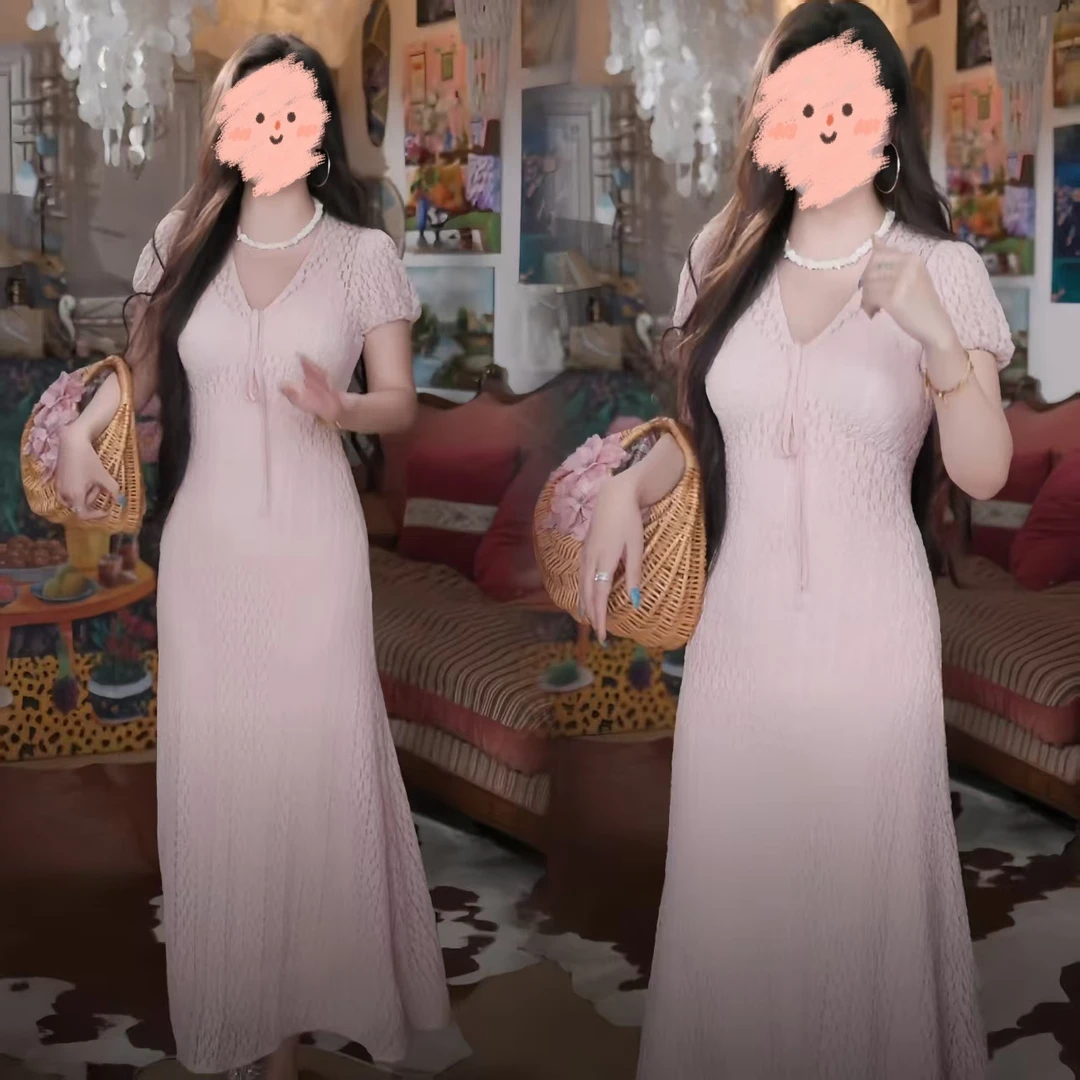 法式温柔风粉色v领短袖连衣裙海边度假风漂亮独特收腰气质长裙子