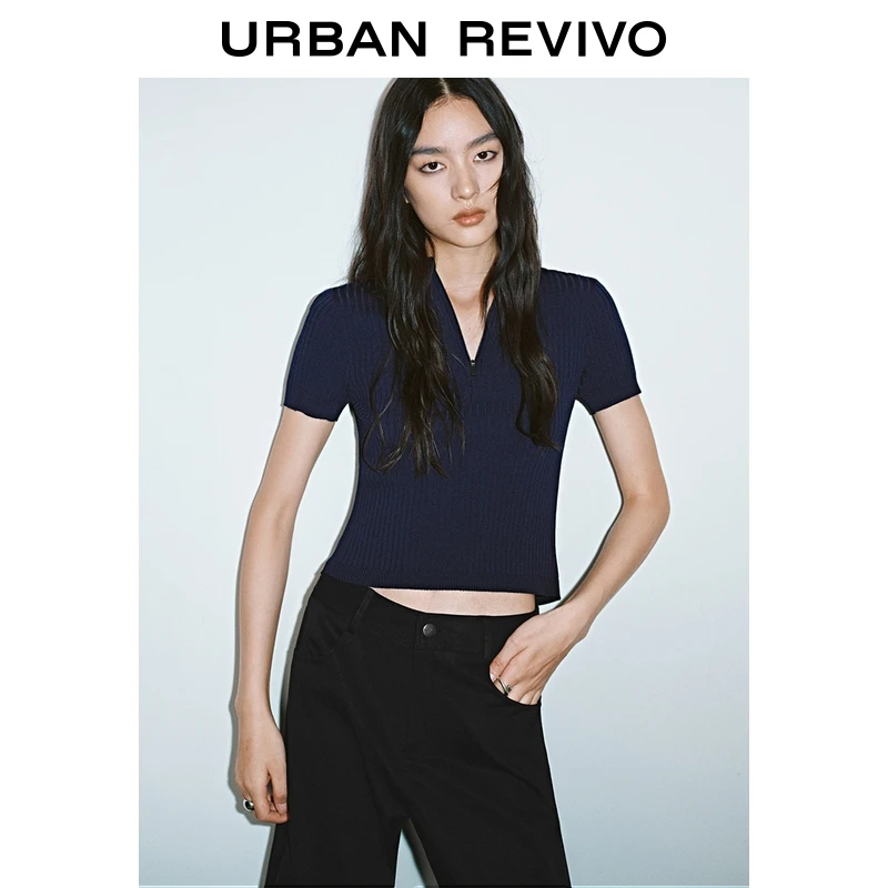 UR2025秋季新款女装时髦镂空系带修身短袖针织衫UYV950018