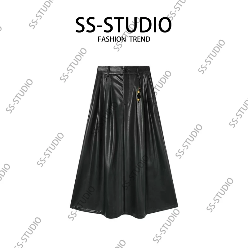 诗诗·高腰不起球老钱风长裙半身裙亮黑色轻职风欧若风SS-000066H