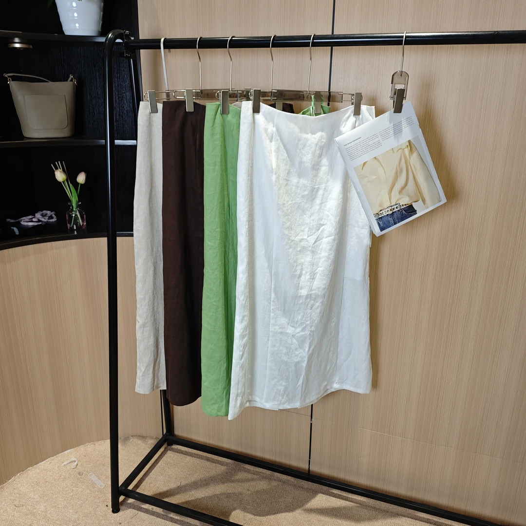 【燕子在南油】裙长90春夏新薄款简约百搭亚麻后开叉半身裙3727