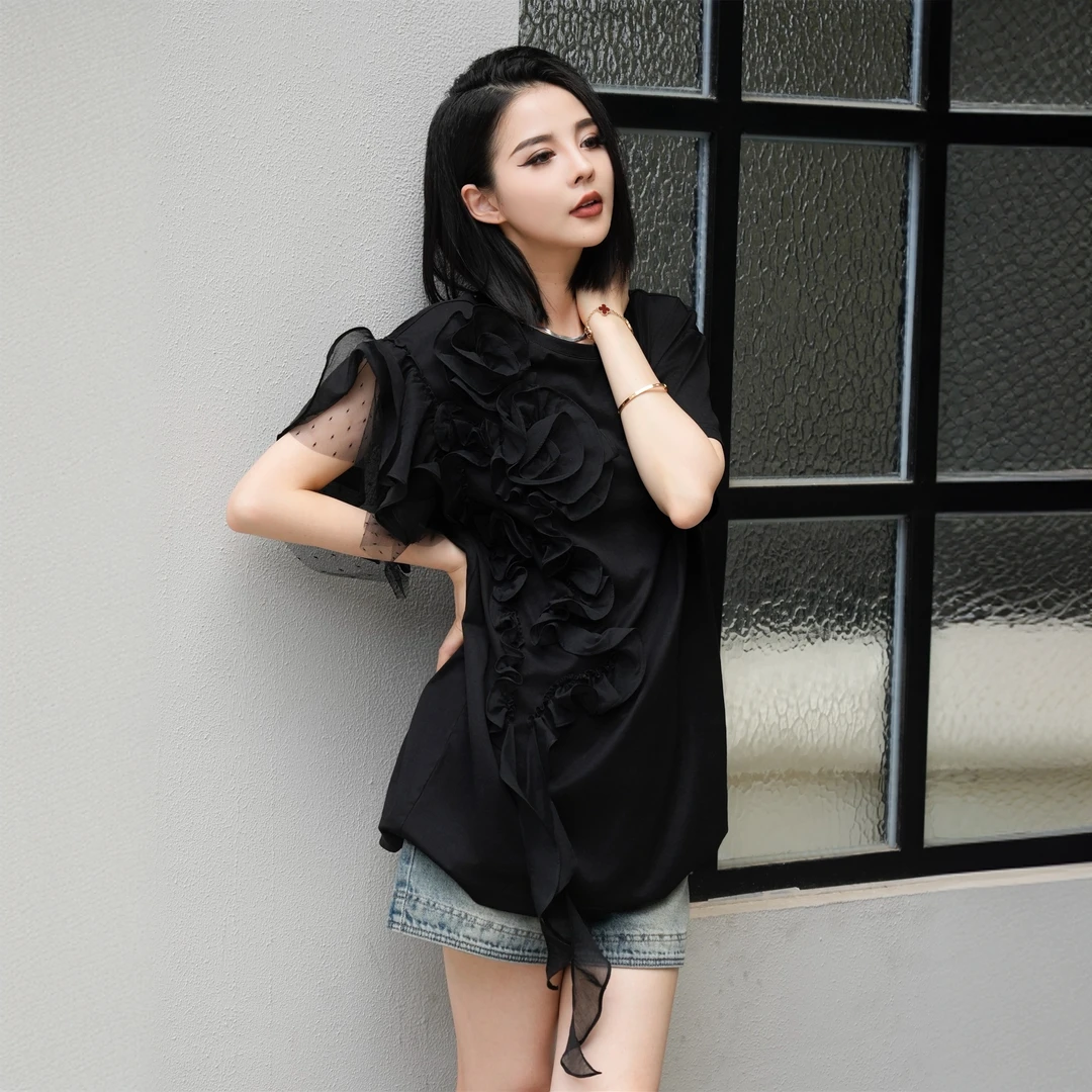 POPULARYW【花涧溪】Z·R上品屋 法式立体花朵荷叶边圆领短袖T恤