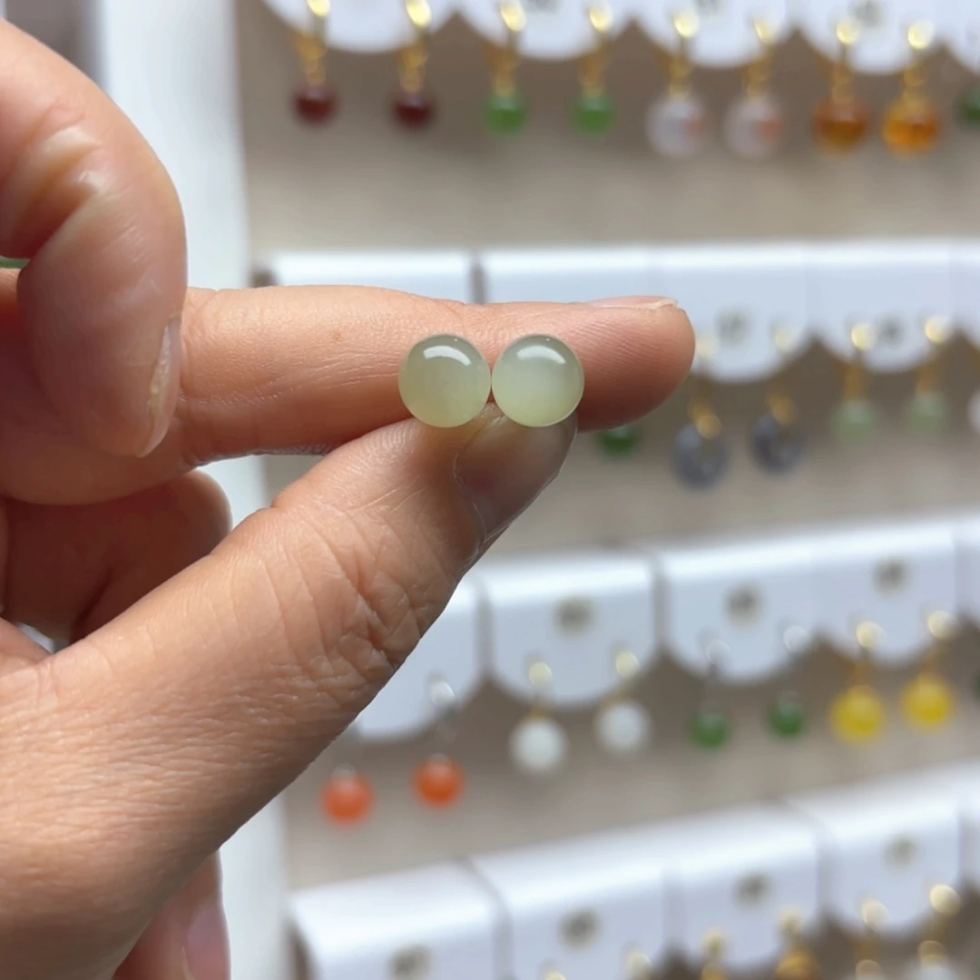 和田玉耳饰银S925镶嵌8mm