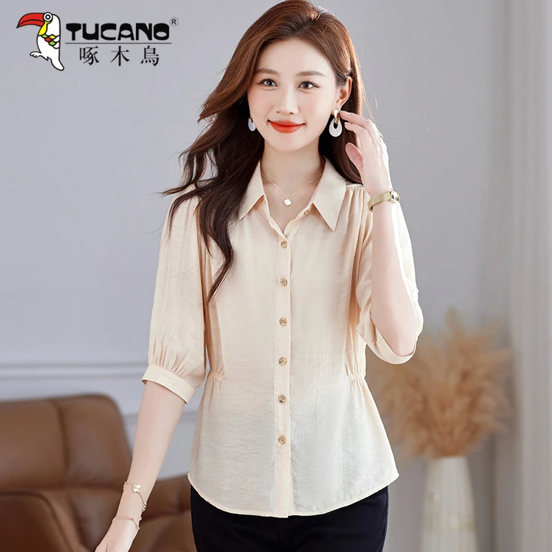 【官方品牌】啄木鸟2025夏季新款中袖轻奢衬衫女装减龄显瘦气质衬衣
