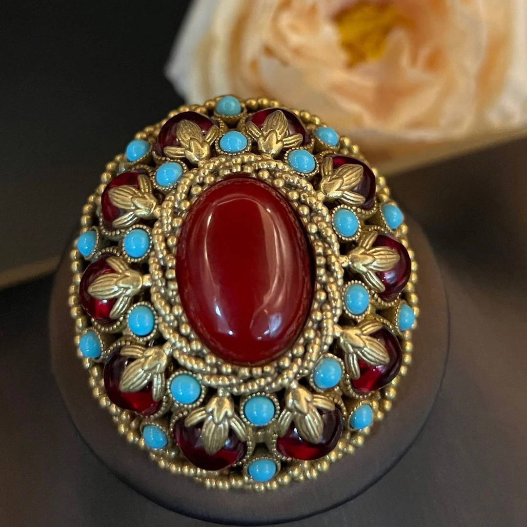 铜合金珐琅胸针 复古宫廷重工花丝镶嵌古风做旧彩色胸针时尚配饰