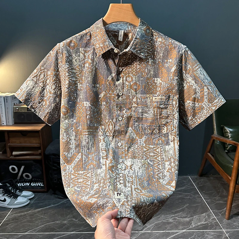 ICCLEK轻奢复古印花短袖衬衫男士潮流时尚百搭休闲宽松舒适上衣薄